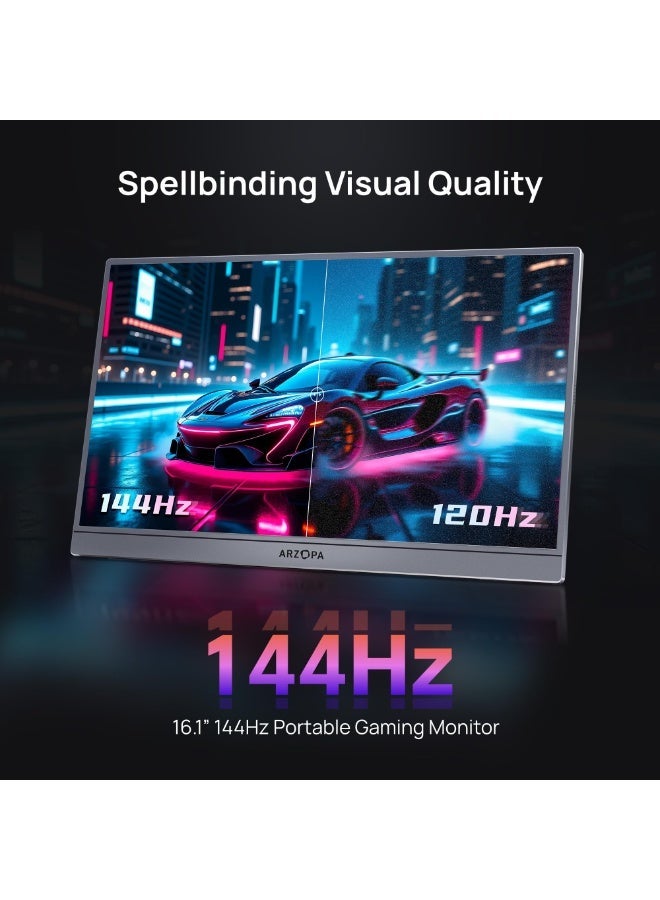 ARZOPA 16.1'' 144Hz Portable Gaming Monitor, 65% sRGB 1080P FHD Kickstand Portable Monitor with HDR, Ultra Slim, Eye Care, External Second Screen for Laptop, PC, PS5, Mac, Xbox - Image 2